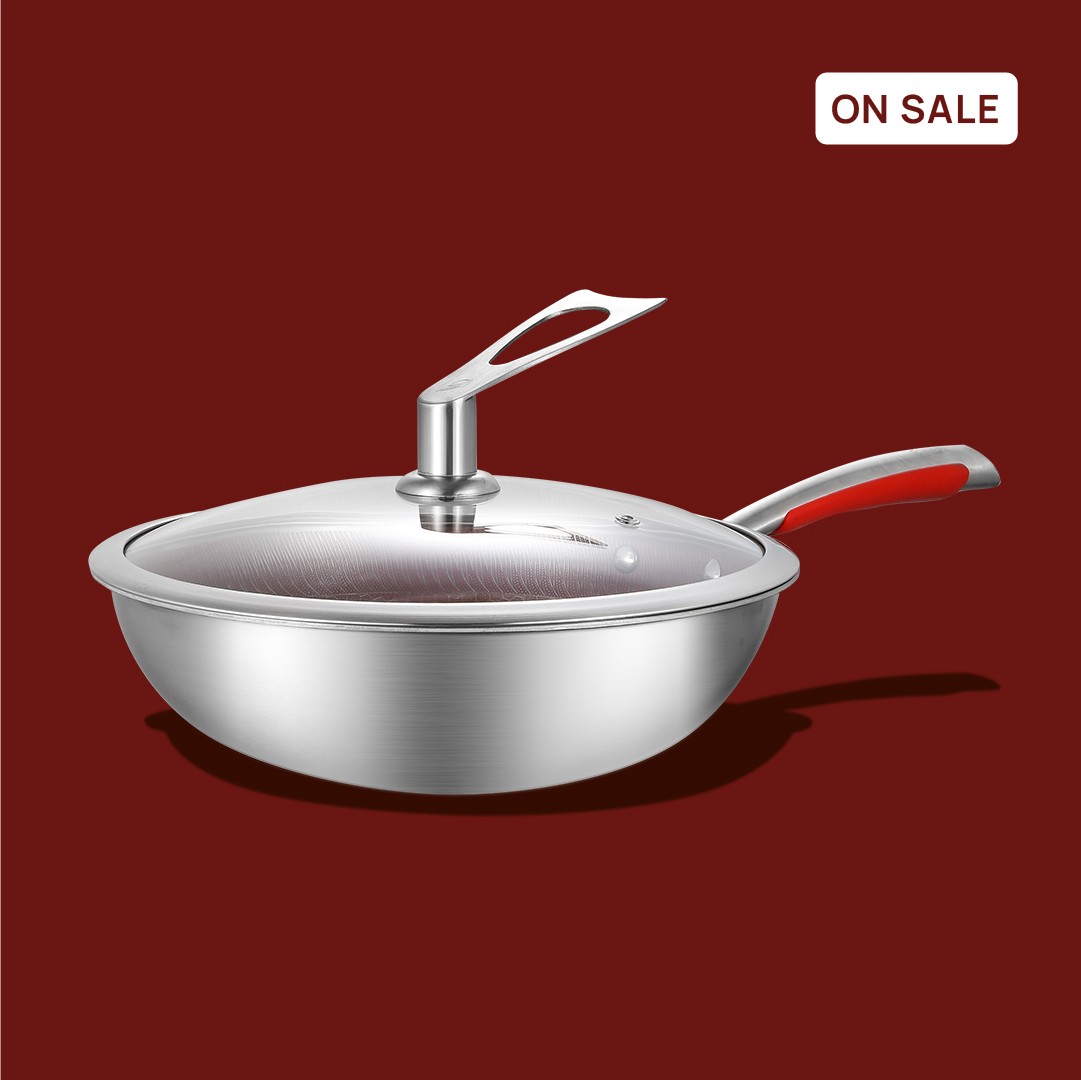 Fry Wok 28x8.7cm  Inner Non-Stick ceramic coated with honeycomb texture. 4mm Glass Lid