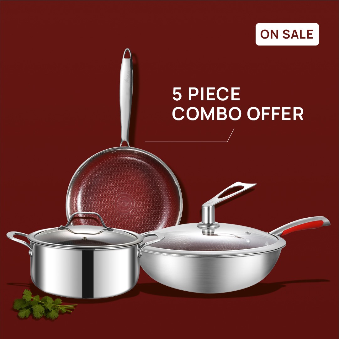 5 -Piece Set of Combo Nonstick CERAMIC COATED with Honeycomb Texture  CASSEROLE (24X10.5CM),  FRY-PAN (24X5.5CM), WOK (28X8.7CM)
