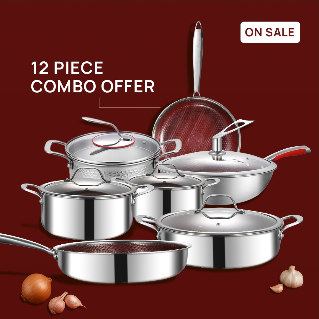 12-Piece Set of Combo Nonstick CERAMIC COATED with Honeycomb Texture  CASSEROLE (20x8.5CM), CASSEROLE (24X10.5CM),CASSEROLE (28X7.5CM),FRY-PAN (28X5.5CM),FRY-PAN (24X5.5CM), WOK (28X8.7CM), SOUCEPOT